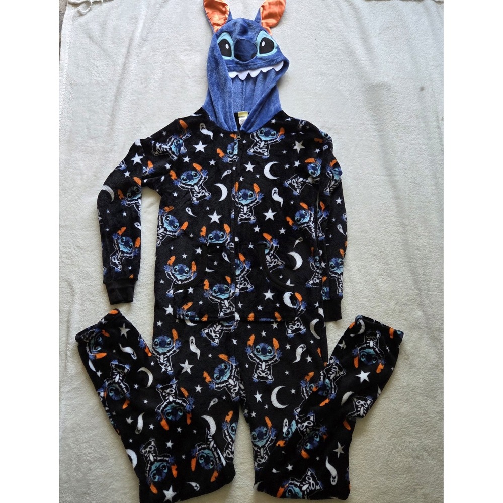 Disney Stitch Union Suit Pajamas Halloween Skeleton S 4-6  Hooded Black Plush